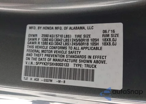 2017 Honda Ridgeline Rtl z USA, uszkodzony, nr VIN 5FPYK2F5XHB003133